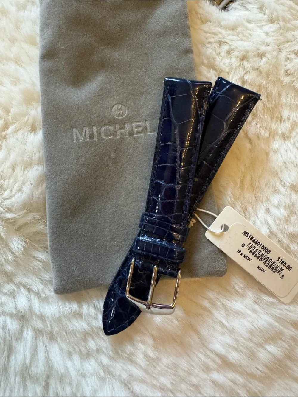Michele Navy Croc-Embossed Patent Leather Watch Strap with Silver Buckle